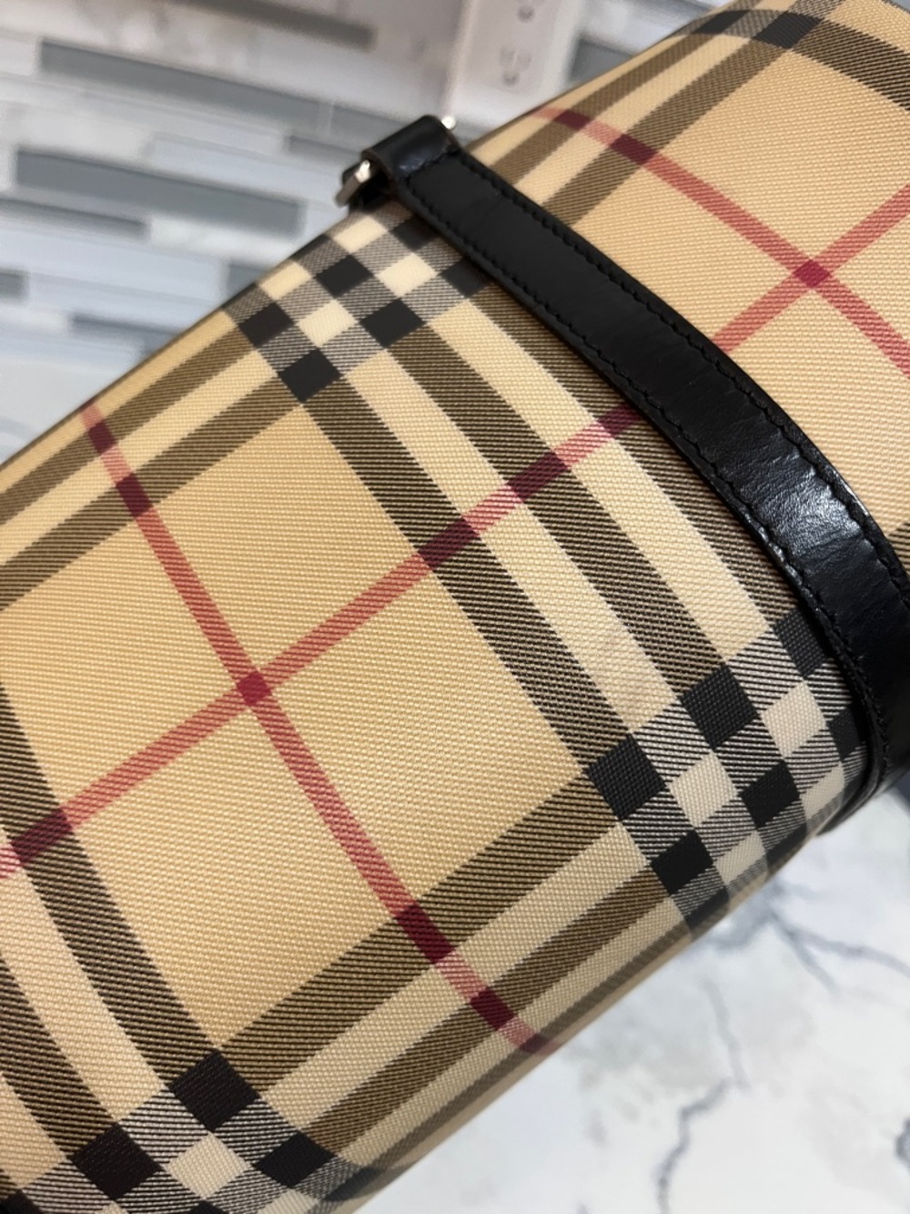 Burberry Beige Plaid Barrel Satchel with Black Trim - Picture 8 of 13
